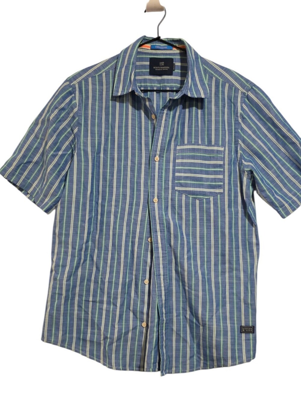 Scotch And Soda Mens Striped Linen Shirt Blue Short Sleeve Size M